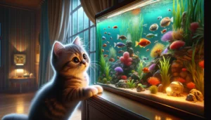 Chaton devant aquarium